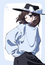 Rule 34 | 1girl, ;), adapted costume, black hat, black skirt, blue border, blue bow, blue sweater, blush, border, bow, brown hair, commentary, cowboy shot, fedora, hair bow, hands in pockets, hat, hat bow, highres, long sleeves, looking at viewer, medium hair, nama udon, one eye closed, parted bangs, simple background, skirt, smile, solo, sweater, touhou, usami renko, white background