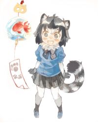 Rule 34 | 10s, 1girl, animal ears, arms at sides, blush, bow, bowtie, commentary request, common raccoon (kemono friends), elbow gloves, fang, fish, from above, fur collar, gloves, goldfish, japari symbol, kemono friends, konabetate, nose blush, open mouth, pantyhose, paw print, pleated skirt, puffy sleeves, raccoon ears, raccoon tail, skirt, solo, tail, wide-eyed