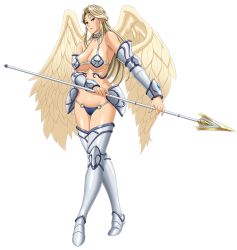 Rule 34 | 1girl, angel wings, armor, bare shoulders, bikini armor, blonde hair, blue eyes, breasts, collar, feet, full body, groin, holding, holding weapon, inja no kuruwa, lance, large breasts, legs, long hair, looking at viewer, original, serious, simple background, solo, standing, thighs, thong, weapon, white background, wings