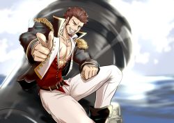 Rule 34 | 1boy, abs, beard, blue eyes, brown hair, epaulettes, facial hair, fate/grand order, fate (series), hand on own thigh, highres, homotoadori00, huge weapon, jacket, large pectorals, long sideburns, long sleeves, looking at viewer, male focus, military, military uniform, muscular, napoleon bonaparte (fate), open clothes, open jacket, pectoral cleavage, pectorals, pointing, pointing at viewer, sideburns, solo, uniform, weapon