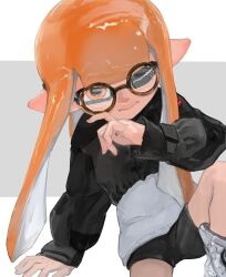 Rule 34 | 1girl, black shorts, brown-framed eyewear, closed mouth, commentary request, glasses, grey background, highres, inkling, inkling girl, inkling player character, invisible chair, kamikaihi game, long hair, nintendo, one eye closed, orange eyes, orange hair, pointy ears, round eyewear, shoes, short shorts, shorts, simple background, sitting, solo, splatoon (series), tentacle hair, two-tone background, white background, white footwear