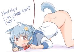 Rule 34 | 1girl, animal ears, bent over, blue hair, bottomless, brown eyes, clenched hands, collar, commentary request, dog ears, dog tail, double bun, english text, enjaku izuku, fang, hair ornament, highres, kantai collection, looking at viewer, no panties, open mouth, samuel b. roberts (kancolle), simple background, skin fang, solo, star (symbol), star hair ornament, tail, thighs, white background