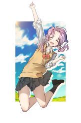 Rule 34 | 1girl, absurdres, arm up, black skirt, black socks, blue sky, border, bow, bowtie, closed eyes, cloud, collared shirt, comiket 94, commentary request, drop shadow, field, floating hair, forehead, full body, hand up, highres, jaggy lines, jumping, light purple hair, loafers, loose bowtie, miyota, open mouth, outside border, pleated skirt, popped collar, red bow, red bowtie, school uniform, shirt, shoes, short hair with long locks, skirt, sky, sleeves rolled up, smile, socks, solo, sunlight, sweater vest, vocaloid, voiceroid, white border, white shirt, yellow sweater vest, yuzuki yukari