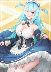 Rule 34 | 1girl, apron, azur lane, back bow, bare shoulders, blue dress, blue hair, bow, breasts, clam, clam shell, cleavage, detached sleeves, dress, fake antlers, frilled dress, frilled hairband, frills, garter straps, hairband, highres, holding, holding clothes, holding dress, juliet sleeves, large breasts, long hair, long sleeves, looking at viewer, neptune (azur lane), one eye closed, puffy sleeves, sai-go, shell hair ornament, solo, thighhighs, very long hair, white apron, white bow, white thighhighs, yellow eyes