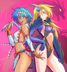 Rule 34 | 2girls, annet myer, aqua hair, bb9 megadrive, blade, blonde hair, blue eyes, character request, cloak, commentary request, dark-skinned female, dark skin, dragon, el viento, game console, gloves, hand on own hip, highres, jewelry, looking at viewer, monster, multiple girls, open mouth, purple eyes, sega mega drive, serious, smile, tribal, villain pose