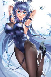 Rule 34 | 1girl, absurdly long hair, air bubble, anchor ornament, animal ears, armpits, arms behind head, artist name, azur lane, black pantyhose, blue eyes, blue hair, bodystocking, breasts, bubble, cleavage, covered navel, detached collar, fake animal ears, full body, high heels, highleg, highleg leotard, highres, large breasts, leotard, long hair, looking at viewer, new jersey (azur lane), new jersey (exhilarating steps!) (azur lane), official alternate costume, open mouth, oversized breast cup, pantyhose, playboy bunny, pole, pole dancing, purple leotard, rabbit ears, see-through, see-through cleavage, skin tight, solo, strapless, strapless leotard, stripper pole, thighs, those girls, very long hair
