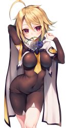 Rule 34 | 1girl, absurdres, ahoge, armpit peek, arms up, blazblue, blonde hair, blush, bodysuit, breasts, cape, covered navel, flower, highres, hime gyo, lambda-11, long hair, mouth hold, red eyes, simple background, skin tight, solo, white background