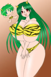 Rule 34 | 1boy, 1girl, age difference, animal print, blush, breasts, brother and sister, chibi, cleavage, cosplay, glasses, green eyes, green hair, huge breasts, kloah, long hair, looking at viewer, lum, lum (cosplay), otsuka ren, otsuka shotaro, red eyes, short hair, siblings, simple background, size difference, smile, tiger print, urusei yatsura