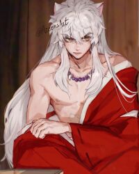 Rule 34 | 1boy, animal ears, azeen, closed mouth, facing viewer, highres, inuyasha, inuyasha (character), japanese clothes, jewelry, long hair, long sleeves, looking to the side, male focus, necklace, shirt partially removed, sitting, solo, twitter username, unhappy, white hair, wooden wall, yellow eyes