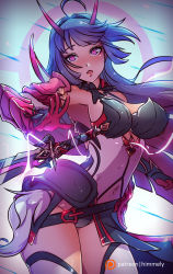 Rule 34 | 1girl, :o, armpits, bare shoulders, black gloves, boots, breasts, cleavage, electricity, gauntlets, gloves, hair between eyes, himmely, honkai (series), honkai impact 3rd, horns, katana, long hair, looking at viewer, navel, open mouth, purple eyes, purple hair, raiden mei, raiden mei (herrscher of thunder), single gauntlet, solo, sword, thigh boots, thighhighs, weapon, white footwear