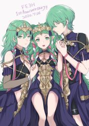 Rule 34 | 1boy, 2girls, anniversary, braid, breasts, byleth (female) (fire emblem), byleth (fire emblem), byleth (male) (fire emblem), cleavage, closed mouth, copyright name, cosplay, dated, dress, dual persona, fire emblem, fire emblem: three houses, green eyes, green hair, highres, holding hands, long hair, multiple girls, nintendo, open mouth, pointy ears, ribbon braid, shimizu akina, short hair, simple background, single braid, sothis (fire emblem), sothis (fire emblem) (cosplay), tiara, twin braids