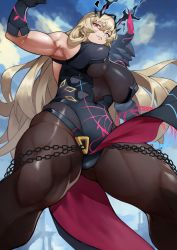Rule 34 | 1girl, absurdres, armor, bad id, bad twitter id, bare shoulders, black dress, black pantyhose, blonde hair, blue eyes, breasts, brown pantyhose, chain, dress, barghest (fate), barghest (second ascension) (fate), fate/grand order, fate (series), gauntlets, heterochromia, highres, horns, large breasts, leotard, long hair, looking at viewer, muscular, muscular female, pantyhose, pauldrons, pelvic curtain, red eyes, shoulder armor, sideboob, single gauntlet, single pauldron, solo, thighs, yoshio (55level)