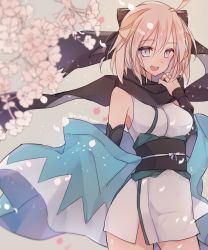 Rule 34 | 1girl, :d, breasts, cherry blossoms, fate (series), highres, koha-ace, looking at viewer, mom 29 mom, okita souji (fate), okita souji (koha-ace), open mouth, pink hair, purple eyes, sash, scarf, shinsengumi, smile, solo, teeth, thighs
