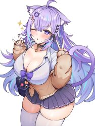 Rule 34 | 1girl, ;o, ahoge, animal collar, animal ears, bag, bandaid, bandaid hair ornament, blue hair, blush, bow, bowtie, breasts, cardigan, cat ears, cat girl, cat tail, cleavage, collar, cowboy shot, crossed bangs, curvy, gyaru, hair between eyes, hair ornament, handbag, highres, hololive, kogal, kogekoge1207, large breasts, long hair, looking at viewer, loose bowtie, multicolored hair, nekomata okayu, one eye closed, open mouth, partially unbuttoned, pleated skirt, purple bow, purple bowtie, purple eyes, purple hair, purple nails, school uniform, skirt, solo, streaked hair, tail, thick thighs, thighhighs, thighs, v, virtual youtuber, white thighhighs, zettai ryouiki