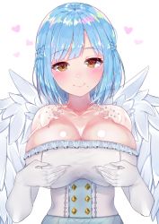 Rule 34 | 1girl, angel wings, bad id, bad twitter id, blue hair, blush, breasts, brown eyes, cleavage, closed mouth, collarbone, corset, elbow gloves, gloves, heart, highres, huge breasts, looking at viewer, mememe (emememem), moira (nijisanji), mole, mole on breast, mole under mouth, nijisanji, short hair, smile, solo, upper body, virtual youtuber, white gloves, wings