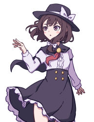 Rule 34 | 1girl, absurdres, black capelet, bow, brown eyes, brown hair, capelet, collared shirt, fedora, hair bow, hat, hat bow, hat ribbon, highres, kame (kamepan44231), long sleeves, necktie, one-hour drawing challenge, puffy sleeves, ribbon, shirt, short hair, simple background, skirt, solo, tie clip, touhou, usami renko, white background, white bow, white shirt