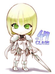 Rule 34 | 00s, 1girl, armor, blonde hair, cape, chibi, clare (claymore), claymore (series), claymore (sword), female focus, full body, green eyes, short hair, solo, sword, weapon