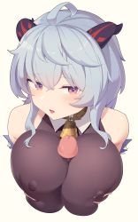 Rule 34 | 1girl, absurdres, ahoge, bare shoulders, bell, black bodysuit, blue hair, blush, bodysuit, breasts, breasts squeezed together, censored, covered erect nipples, cowbell, ganyu (genshin impact), genshin impact, goat horns, googoogaagaa, hetero, highres, horns, large breasts, long hair, mosaic censoring, nipples, paizuri, paizuri over clothes, penis, purple eyes, simple background