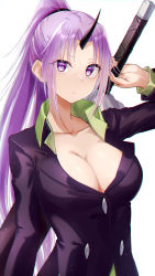 Rule 34 | 1girl, arm behind back, bad id, bad pixiv id, black headband, black horns, blazer, breasts, claymore (sword), cleavage, closed mouth, collarbone, collared shirt, formal, green shirt, hair between eyes, head tilt, headband, highres, holding, holding sword, holding weapon, horn, horns, jacket, large breasts, light purple hair, long hair, long sleeves, looking at viewer, meen (ouaughikepdvrsf), multicolored hair, office lady, oni, oni girl, oni horn, oni horns, open clothes, ponytail, purple eyes, purple hair, purple suit, shion (tensei shitara slime datta ken), shirt, simple background, single horn, solo, streaked hair, suit, sword, tensei shitara slime datta ken, two-tone hair, upper body, very long hair, weapon, white background