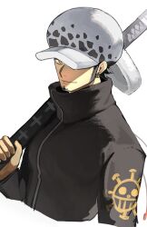Rule 34 | 1boy, black jacket, closed mouth, cropped torso, earrings, facial hair, goatee, hat, hat over one eye, highres, holding, holding sword, holding weapon, jacket, jewelry, long sideburns, looking at viewer, male focus, one piece, short hair, sideburns, simple background, solo, sword, tokoni fusu, trafalgar law, weapon, white background, white hat, yellow eyes