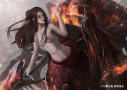 Rule 34 | 1girl, arachne, arthropod girl, blunt bangs, breasts, brown hair, chaos witch quelaag, collarbone, commentary, copyright name, dark souls (series), dark souls i, extra eyes, fingernails, fire, floating hair, hair over breasts, hand up, highres, holding, holding sword, holding weapon, insect girl, long fingernails, long hair, looking to the side, medium breasts, monster girl, navel, no nipples, nude, parted lips, ponytail, realistic, red eyes, sidelocks, solo, spider girl, stomach, sword, taur, weapon, yinwoeren