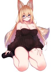 Rule 34 | 1girl, absurdres, animal ear fluff, animal ears, ankle boots, bare shoulders, blush, boots, breasts, cleavage, closed mouth, collarbone, commentary request, dress, fingernails, fox ears, fox girl, fox tail, full body, glasses, highres, jewelry, large breasts, lips, long hair, long sleeves, looking at viewer, masaoka misaki, necklace, off-shoulder dress, off shoulder, original, ribbed dress, semi-rimless eyewear, shiny skin, simple background, sitting, smile, solo, sweater, sweater dress, tail, thighs, white background