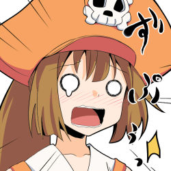 Rule 34 | 1girl, blush, brown hair, guilty gear, hat, long hair, may (guilty gear), open mouth, orange hat, pirate hat, poncocchan, skull and crossbones, tears