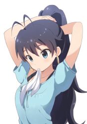 Rule 34 | 1girl, antenna hair, arms up, black hair, blue eyes, blue shorts, blush, bra strap, breasts, buchi (y0u0ri ), collarbone, commentary, dot nose, earrings, ganaha hibiki, hoop earrings, idolmaster, idolmaster (classic), idolmaster million live!, idolmaster million live! theater days, jewelry, long hair, looking at another, medium breasts, mouth hold, ponytail, ribbon, ribbon in mouth, shorts, simple background, solo, tying hair, upper body, white background