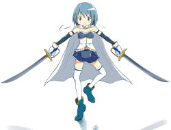 Rule 34 | 10s, 1girl, armband, bad id, bad pixiv id, blue eyes, blue hair, cape, dual wielding, gloves, hair ornament, hairclip, holding, magical girl, mahou shoujo madoka magica, mahou shoujo madoka magica (anime), matching hair/eyes, miki sayaka, miki sayaka (magical girl), shuuji (shumi), smile, solo, soul gem, standing, standing on one leg, sword, thighhighs, weapon, white background, zettai ryouiki