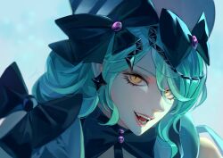 Rule 34 | 1girl, absurdres, black bow, bow, bowtie, earrings, fang, green hair, hair between eyes, hair bow, hat, highres, jewelry, long hair, looking at viewer, open mouth, path to nowhere, portrait, serpent (path to nowhere), smile, solo, teeth, toho10min, yellow eyes