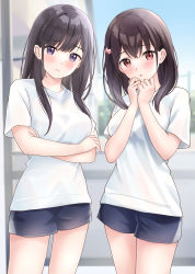 Rule 34 | 2girls, black hair, blue shorts, blurry, blurry background, blush, bow, breasts, closed mouth, commentary request, crossed arms, day, depth of field, gym shirt, gym shorts, gym uniform, hair between eyes, hair bow, highres, long hair, looking at viewer, multiple girls, original, outdoors, parted lips, pink bow, purple eyes, red eyes, shirt, short sleeves, shorts, small breasts, white shirt, yukimaru217