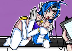 Rule 34 | 10s, 1girl, 1other, android, argrim, bandai, bandai namco, blue eyes, blue hair, blue shirt, boot, boots, breasts, cleavage, dress, elbow gloves, empty eyes, forehead protector, gloves, hacking, halterneck, highres, holding, holding tablet pc, kneeling, kos-mos, kos-mos ver. 4, large breasts, long hair, matching hair/eyes, mind control, namco, open mouth, out of frame, pet play, purple background, reprogramming, shirt, simple background, skirt, solo focus, table, tablet pc, tech control, thigh boots, thighhighs, tongue, tongue out, white dress, white gloves, white thighhighs, xenosaga, xenosaga episode iii