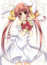 Rule 34 | 1girl, :d, amane ruri, animal ears, bare shoulders, blush, bouquet, brown hair, rabbit ears, dress, flower, long hair, open mouth, original, red eyes, smile, solo, twintails, type (artist), very long hair