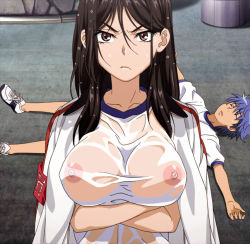 Rule 34 | 1boy, 1girl, angry, aogami pierce, black hair, blue hair, breast hold, breasts, brown eyes, crossed arms, covered erect nipples, frown, fukiyose seiri, gym uniform, large breasts, long hair, looking at viewer, lying, nipples, nude filter, on back, on floor, see-through, shirt, third-party edit, toaru majutsu no index, wet, wet clothes, wet hair, wet shirt
