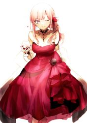 Rule 34 | 1girl, ;), absurdres, aneco (westsea1227), arm behind back, arm strap, black choker, blush, breasts, choker, cleavage, closed mouth, commentary, cup, detached collar, dress, drinking glass, earrings, feet out of frame, flower, hair flower, hair ornament, heart, highres, holding, holding cup, hololive, hololive english, jewelry, lace, lace choker, long hair, looking at viewer, medium breasts, mori calliope, mori calliope (party dress), nail polish, necklace, off-shoulder dress, off shoulder, official alternate costume, one eye closed, pink eyes, pink hair, ponytail, red dress, red nails, red wine, rose, sash, see-through, sidelocks, simple background, skull, sleeveless, sleeveless dress, smile, solo, standing, strapless, strapless dress, virtual youtuber, white background, wine glass, wrist cuffs