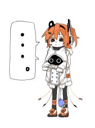 Rule 34 | ..., 1girl, a.i. voice, adachi rei, animal hood, buttons, cable, cable tail, carrying, cat hood, closed mouth, electric plug tail, full body, hair ribbon, hashtag-only commentary, headlamp, headset, highres, hood, hood up, jacket, long sleeves, mechanical tail, medium hair, neumafu, one side up, orange eyes, orange hair, radio antenna, ribbon, shared speech bubble, simple background, speech bubble, spoken ellipsis, standing, tail, ukatsu (ukatu204), utau, white background, white jacket, white ribbon