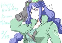 Rule 34 | 1girl, alternate hairstyle, artist name, artist request, black gloves, blue hair, blush, breasts, collarbone, collared jacket, female focus, gloves, goggles, goggles on head, green jacket, green shirt, hair between eyes, hand on head, highres, jacket, long hair, looking at viewer, love live!, love live! sunshine!!, matsuura kanan, medium breasts, parted lips, ponytail, purple eyes, ranshin00, shirt, smile, solo, striped clothes, striped shirt, twintails, upper body, vertical-striped clothes, vertical-striped shirt, white background