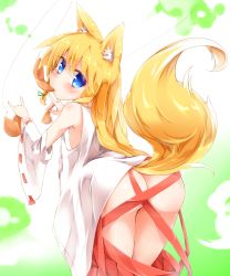 Rule 34 | 1girl, aburaage, animal ears, ass, bent over, blonde hair, blue eyes, blush, detached sleeves, food, fox, fox ears, fox tail, from behind, hakama, hakama pull, hakama skirt, japanese clothes, leaning forward, long hair, looking at viewer, looking back, miko, mouth hold, no panties, original, red hakama, rinrin (927413), skirt, solo, tail, undressing