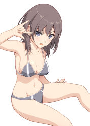 Rule 34 | alice gear aegis, blue eyes, blue one-piece swimsuit, breasts, brown hair, collarbone, commentary request, kurogane yuuto, looking at viewer, medium breasts, medium hair, navel, one-piece swimsuit, open mouth, pinakes, simple background, sitting, smile, solo, swimsuit, white background