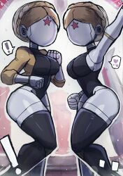 Rule 34 | !, 2girls, absurdres, arm up, atomic heart, black leotard, black thighhighs, blonde hair, breasts, cowboy shot, ears, facing viewer, female focus, highres, large breasts, left (atomic heart), leotard, multiple girls, no humans, right (atomic heart), robot, robot girl, shiny clothes, shiny skin, short hair, sideboob, simple background, standing, star (symbol), thick thighs, thighhighs, thighs, tony welt, white background, wide hips