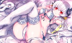 Rule 34 | 1girl, blush, bra, breasts, closed mouth, dragon girl, dragon horns, fate/grand order, fate (series), floral print, horns, kiyohime (fate), kiyohime (third ascension) (fate), legs up, lingerie, long hair, looking at viewer, lying, medium breasts, morizono shiki, on back, panties, red eyes, smile, snake, thighhighs, thighs, underboob, underwear, white bra, white panties, white thighhighs