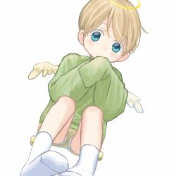 Rule 34 | 1boy, angel wings, blonde hair, blue eyes, blush, child, halo, highres, male focus, mini wings, original, short hair, shorts, simple background, sitting, sleeves past wrists, socks, solo, white background, wings, wrmg hmhm, yellow shorts