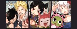 Rule 34 | black hair, blonde hair, breasts, cat, cleavage, cleavage cutout, clothing cutout, earrings, closed eyes, fairy tail, flower, frosch, hair flower, hair ornament, jewelry, large breasts, lector (fairy tail), lipstick, looking at viewer, makeup, minerva orlando, rogue cheney, rusky, scar, smile, sting eucliffe, tagme, teeth, upper body, v, white hair, yukino aguria
