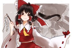 Rule 34 | 1girl, ascot, bow, brown eyes, brown hair, detached sleeves, frilled bow, frilled hair tubes, frills, gohei, hair tubes, hakurei reimu, holding, holding gohei, looking at viewer, nontraditional miko, red bow, red shirt, red skirt, shigure rin, shirt, skirt, skirt set, sleeveless, sleeveless shirt, smile, touhou, wide sleeves, yellow ascot
