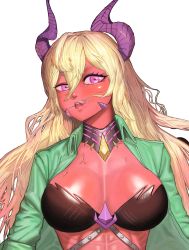 Rule 34 | 1girl, abs, absurdres, blonde hair, breasts, close-up, colored skin, dark magician beth, demon girl, eo8926, green jacket, guardian tales, highres, horns, jacket, long hair, looking at viewer, medium breasts, open clothes, open jacket, open mouth, purple eyes, purple skin, single horn, solo, upper body, white background
