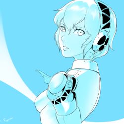 Rule 34 | 1girl, aegis (persona), artist name, breasts, hair between eyes, headphones, highres, looking at viewer, looking back, monochrome, parted lips, persona, persona 3, ragecndy, short hair, small breasts, solo