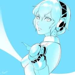 1girl aigis_(persona) artist_name breasts female_focus hair_between_eyes headphones highres looking_at_viewer looking_back monochrome parted_lips persona persona_3 ragecndy short_hair small_breasts solo