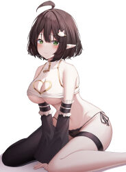 1girl 3: absurdres ahoge bare_shoulders between_legs black_panties black_sleeves black_thighhighs breasts brown_hair cleavage cleavage_cutout closed_mouth clothing_cutout commission crop_top detached_sleeves elf elf_(butam) frilled_sleeves frills frown furrowed_brow gold_trim green_eyes hand_between_legs heart_cutout highres large_breasts long_sleeves looking_at_viewer navel no_pants original panties pointy_ears shirt short_hair short_sleeves side-tie_panties simple_background single_thighhigh sitting sleeveless sleeveless_shirt solo stomach string_panties thigh_strap thighhighs underboob underwear wariza white_background white_shirt zangi_(lkt2012)