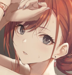 Rule 34 | 1girl, arisugawa natsuha, arms up, bad id, bad twitter id, bracelet, close-up, earrings, fingernails, grey background, grey eyes, grey nails, hair up, idolmaster, idolmaster shiny colors, jewelry, nail polish, parted lips, portrait, red hair, sola (solo0730), solo, sweat, unfinished