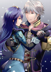 Rule 34 | 1boy, 1girl, ameno (a meno0), armor, belt, blue background, blue dress, blue eyes, blue gloves, blue hair, blue shirt, collarbone, collared shirt, commentary request, couple, dancing, dress, eyelashes, fingerless gloves, fire emblem, fire emblem awakening, from side, gloves, gold trim, gradient background, grey background, grey shirt, hair between eyes, hand on another&#039;s back, hand on another&#039;s shoulder, hetero, holding hands, looking at another, lucina (fire emblem), nintendo, purple robe, ribbed sweater, robe, robin (fire emblem), robin (male) (fire emblem), shirt, shoulder armor, sidelocks, silver hair, smile, snowing, sweater, tiara, upper body, yellow eyes